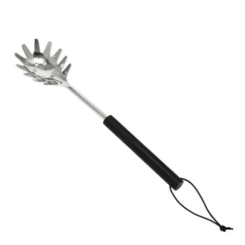 Stainless Steel Slotted Pasta Server with Mango Wood Handle and Leather Tie, Black