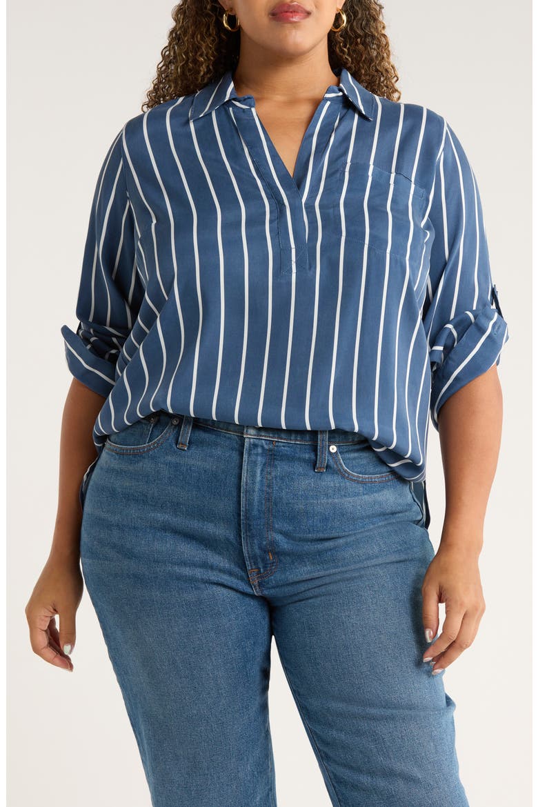 Button Back Stripe Johnny Collar Popover Shirt, Main, color, ENSIGN BLUE STRIPE