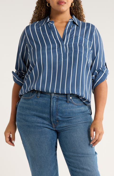 Button Back Stripe Johnny Collar Popover Shirt (Plus)