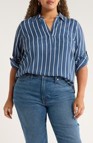 Universal Standard Button Back Stripe Johnny Collar Popover Shirt