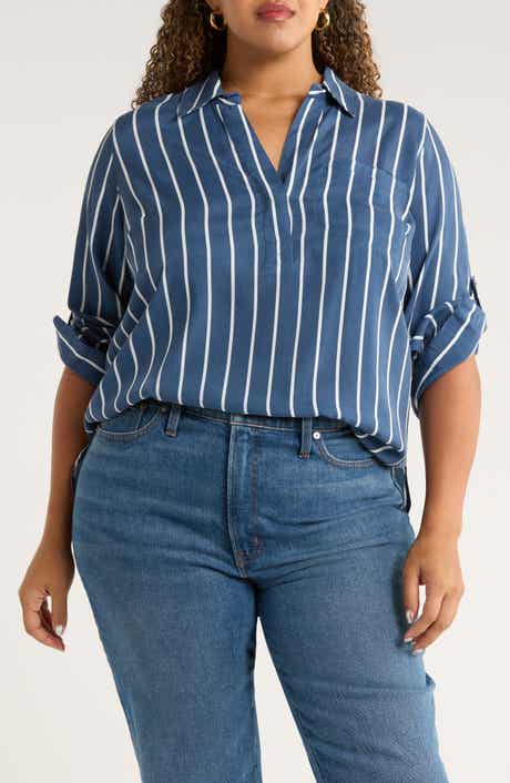 Universal Standard Button Back Stripe Johnny Collar Popover Shirt