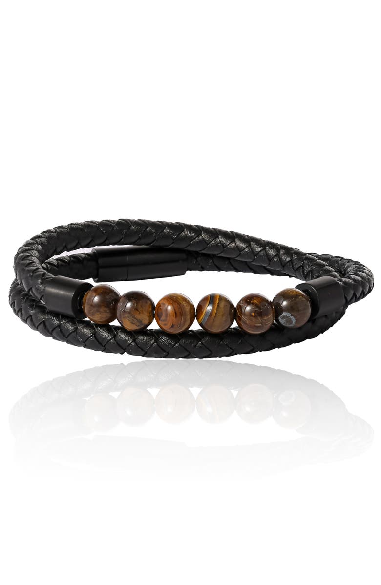 Lucky Brand Tiger's Eye Beaded and Leather Wrap Bracelet, Main, color, Black, Brown