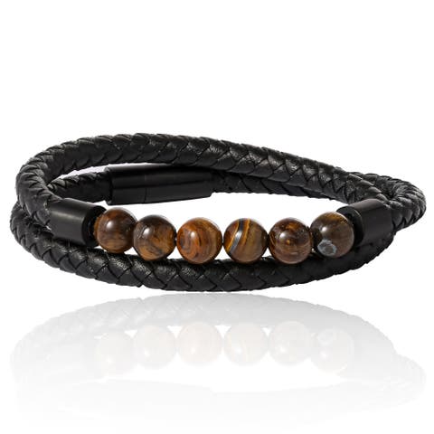 Tiger's Eye Beaded and Leather Wrap Bracelet