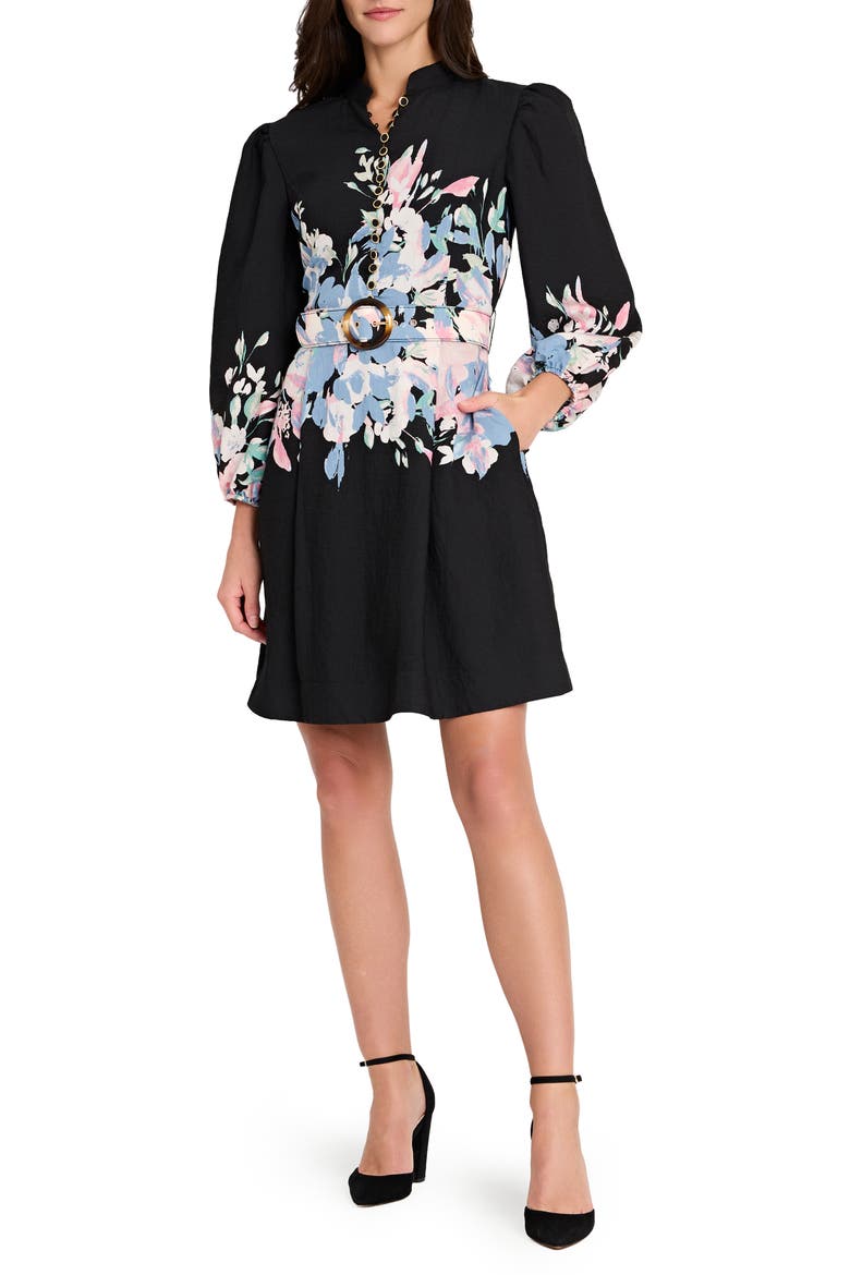 Print Belted Long Sleeve Dress, Alternate, color, BLACK BLUE PINK