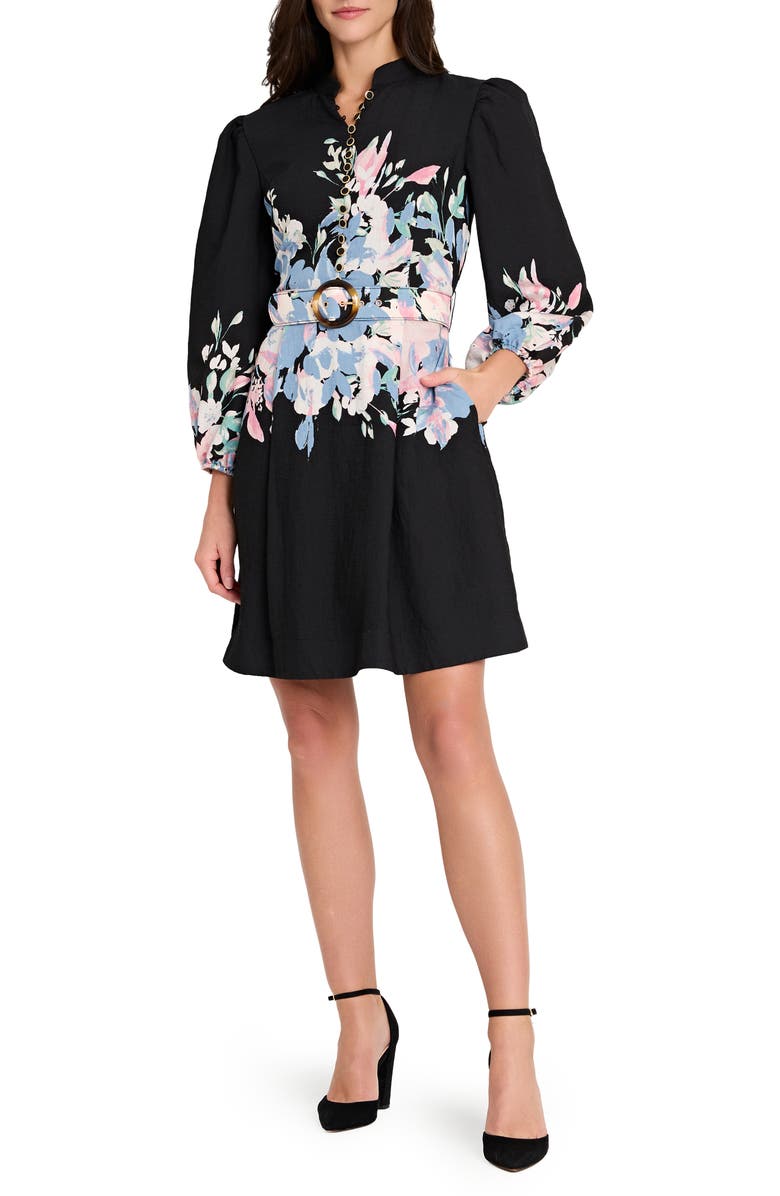 Tahari ASL Print Belted Long Sleeve Dress, Alternate, color, Black Blue Pink