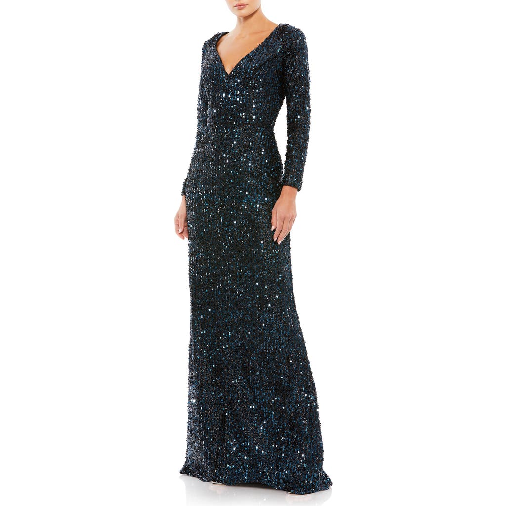 Mac Duggal Long Sleeve Sequined Gown In Midnight
