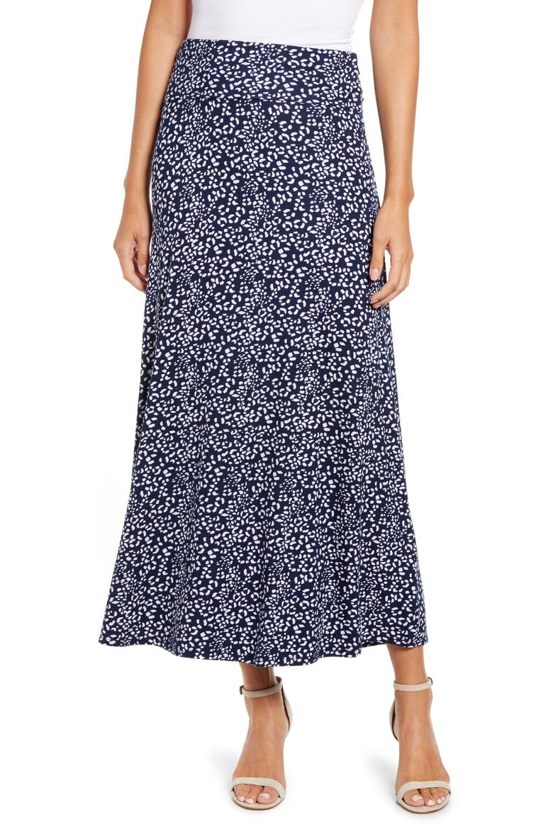 Roll Top Print Maxi Skirt, Main, color, NAVY/ IVORY