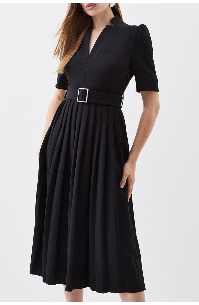 Karen Millen Structured Crepe Belted Midi Dress, Alternate, color, Black