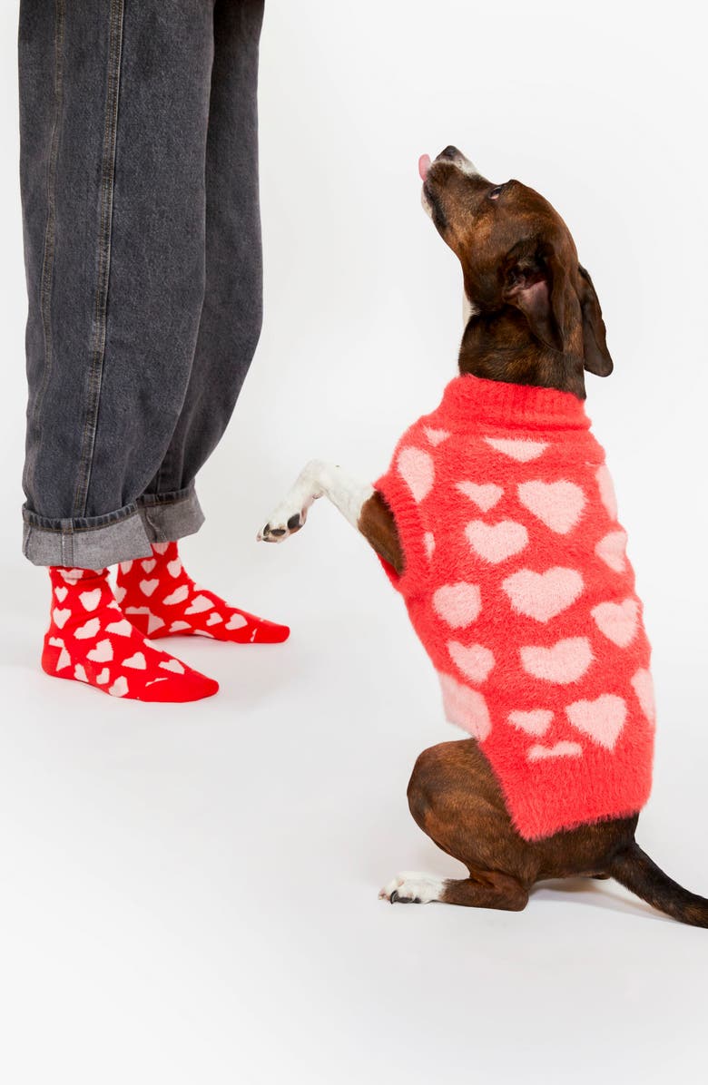 the furryfolks Hearts Pet Sweater & Socks Set, Alternate, color, Red