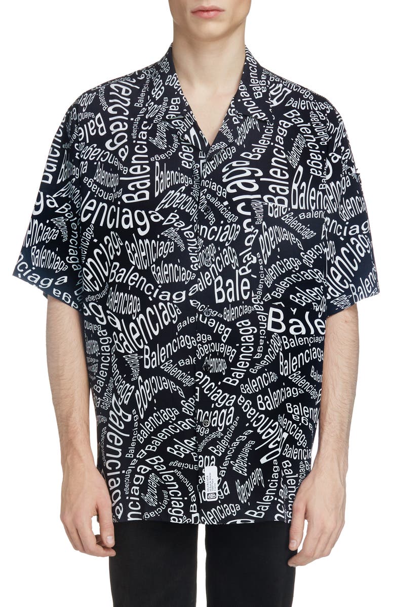 Balenciaga Logo Print Short Sleeve Button-Up Camp Shirt, Main, color, 