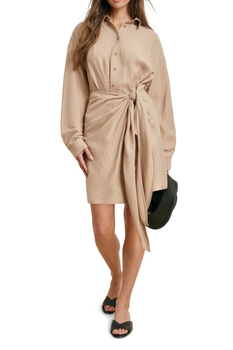 The Sweet Talker Pinstripe Long Sleeve Shirtdress, Alternate, color, DESERT KHAKI PINST