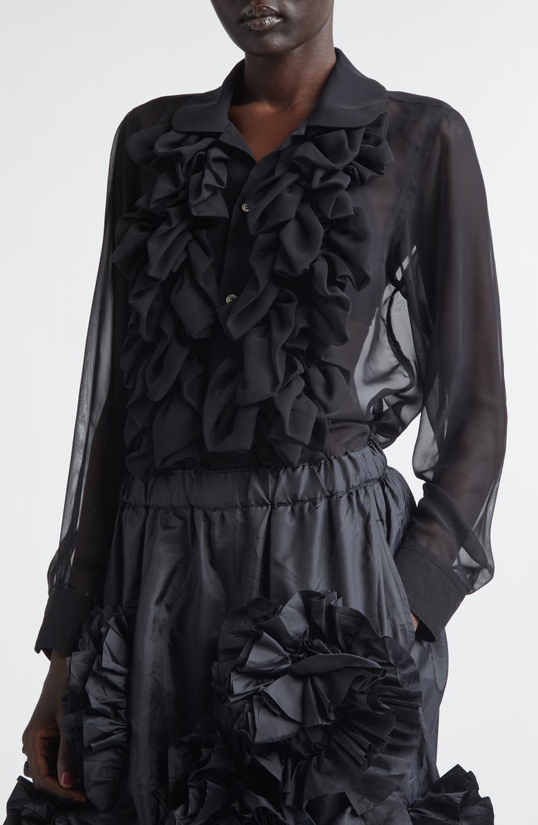 Comme des Garçons Comme des Garçons Ruffle Sheer Crepe Button-Up Shirt, Alternate, color, Black