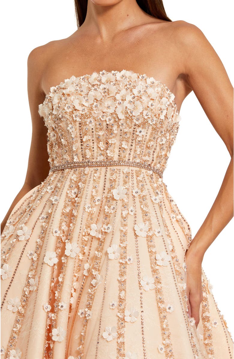 Mac Duggal Embellished Lace Strapless Midi A Line Dress, Alternate, color, Champagne