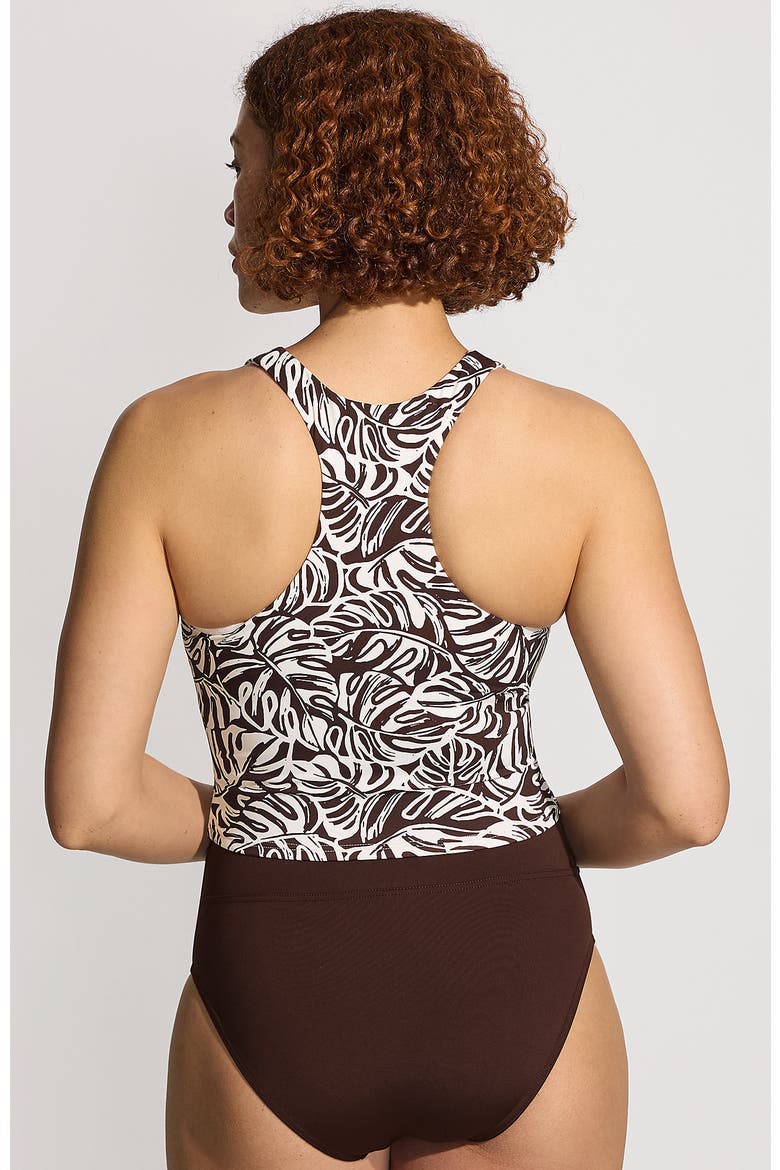 Chlorine Resistant High Neck Racerback Midkini Swimsuit Top, Alternate, color, Brown Mini Tropic Leaves