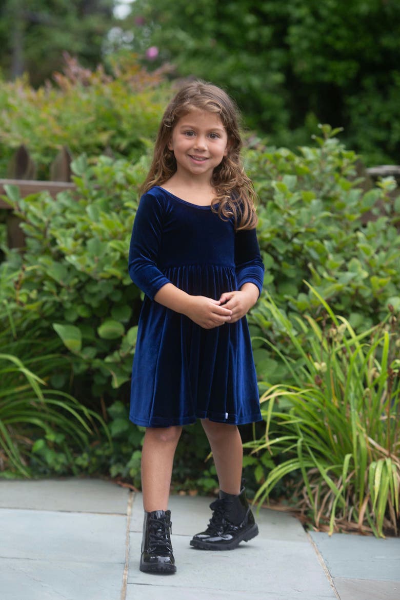 Girls Stretch Velvet Twirly Dress, Alternate, color, Navy