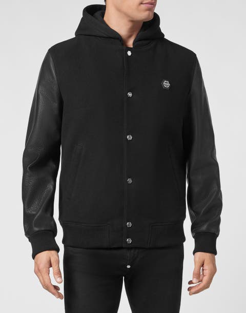 Bomber Jacket Leather Sleeves Men