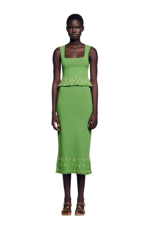 Sandro Knitted Embellished Midi Skirt In Green