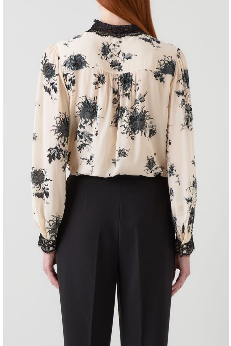 Violetta Floral Lace Bow Button-Up Shirt, Alternate, color, BLACK CREAM