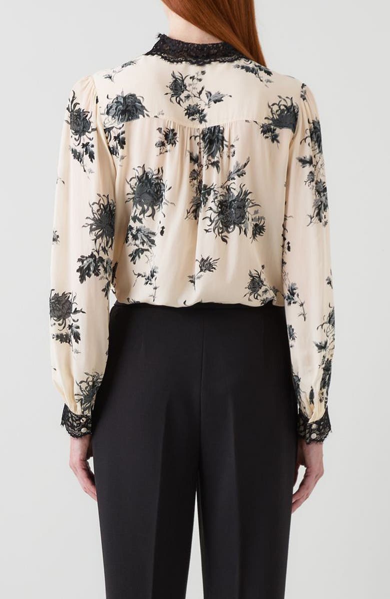 LK Bennett Violetta Floral Lace Bow Button-Up Shirt, Alternate, color, Black Cream