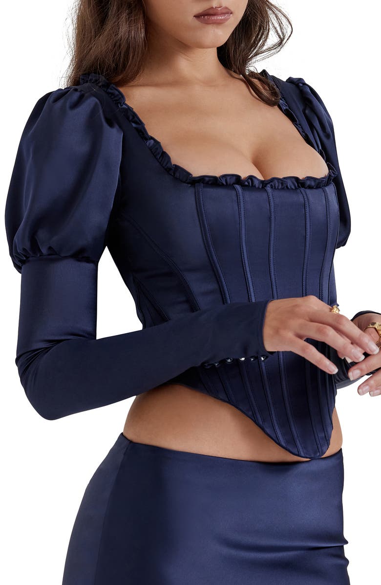HOUSE OF CB Dana Puff Sleeve Corset Top, Alternate, color, Navy