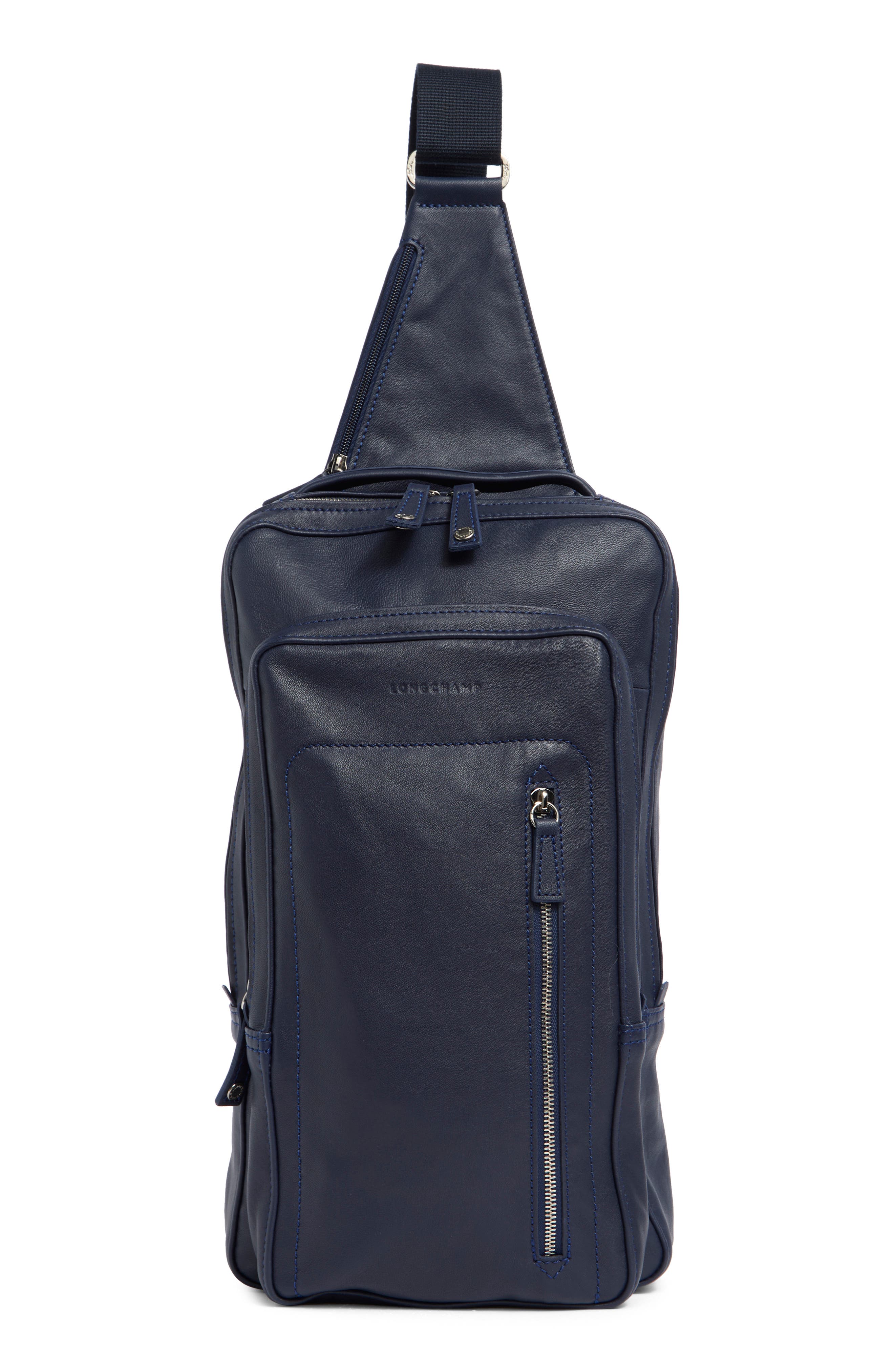 Parisis Leather Sling Crossbody Bag, Main, color, NAVY