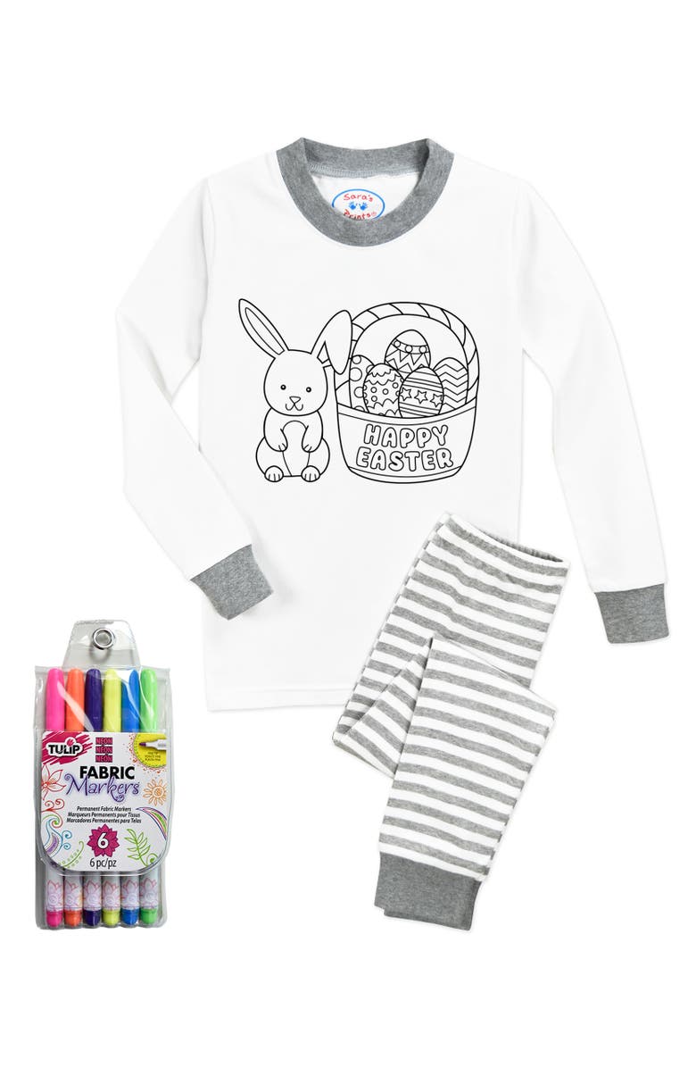 Sara’s Prints Color Me PJ Cotton Blend Fitted Pajamas with Fabric Marker Set, Alternate, color, Easter Bunny