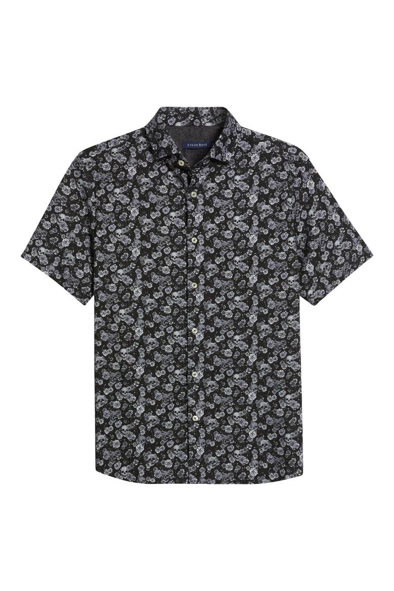Summer Crush Skulls & Flowers Print Short Sleeve Stretch Cotton Blend Button-Up Shirt, Alternate, color, BLACK