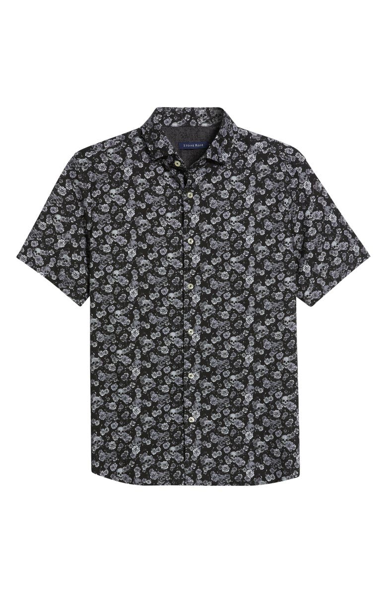 Stone Rose Summer Crush Skulls & Flowers Print Short Sleeve Stretch Cotton Blend Button-Up Shirt, Alternate, color, 