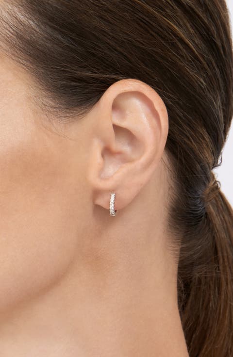 White Rhodium Plated CZ 9.25mm Huggie Hoop Earrings