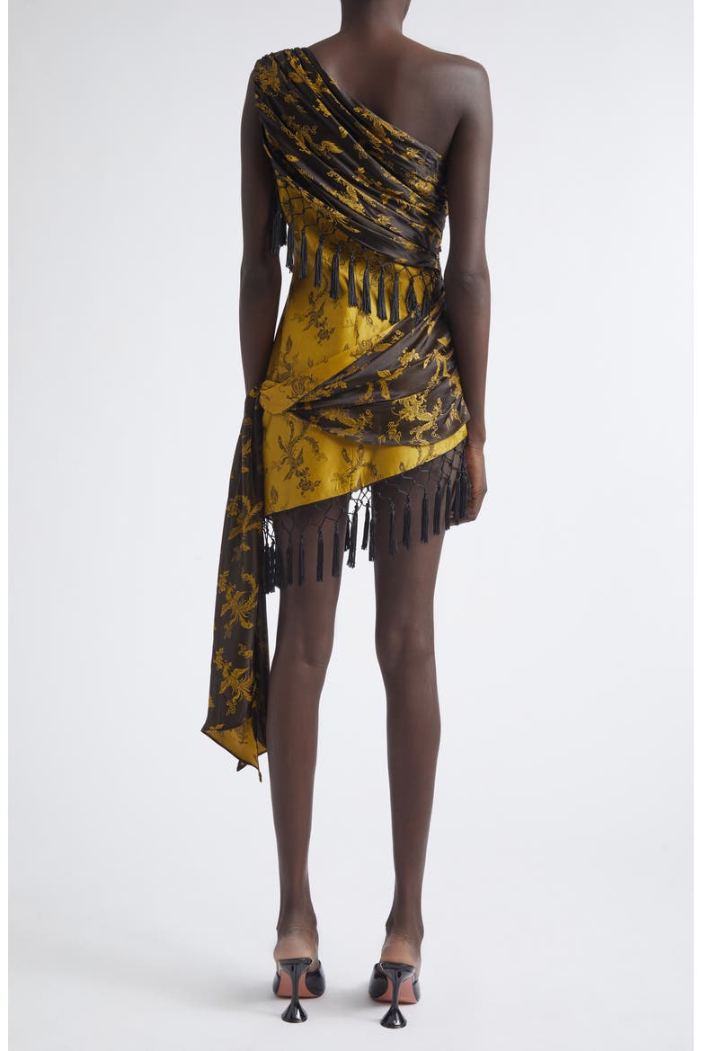 Andrea Fringe Silk Jacquard One-Shoulder Minidress, Alternate, color, BLACK/ YELLOW