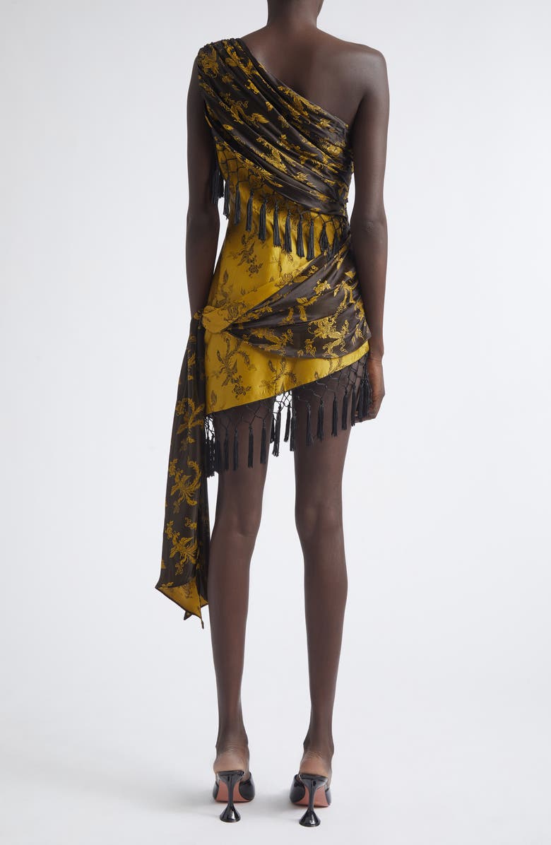 KIM SHUI Andrea Fringe Silk Jacquard One-Shoulder Minidress, Alternate, color, Black/ Yellow