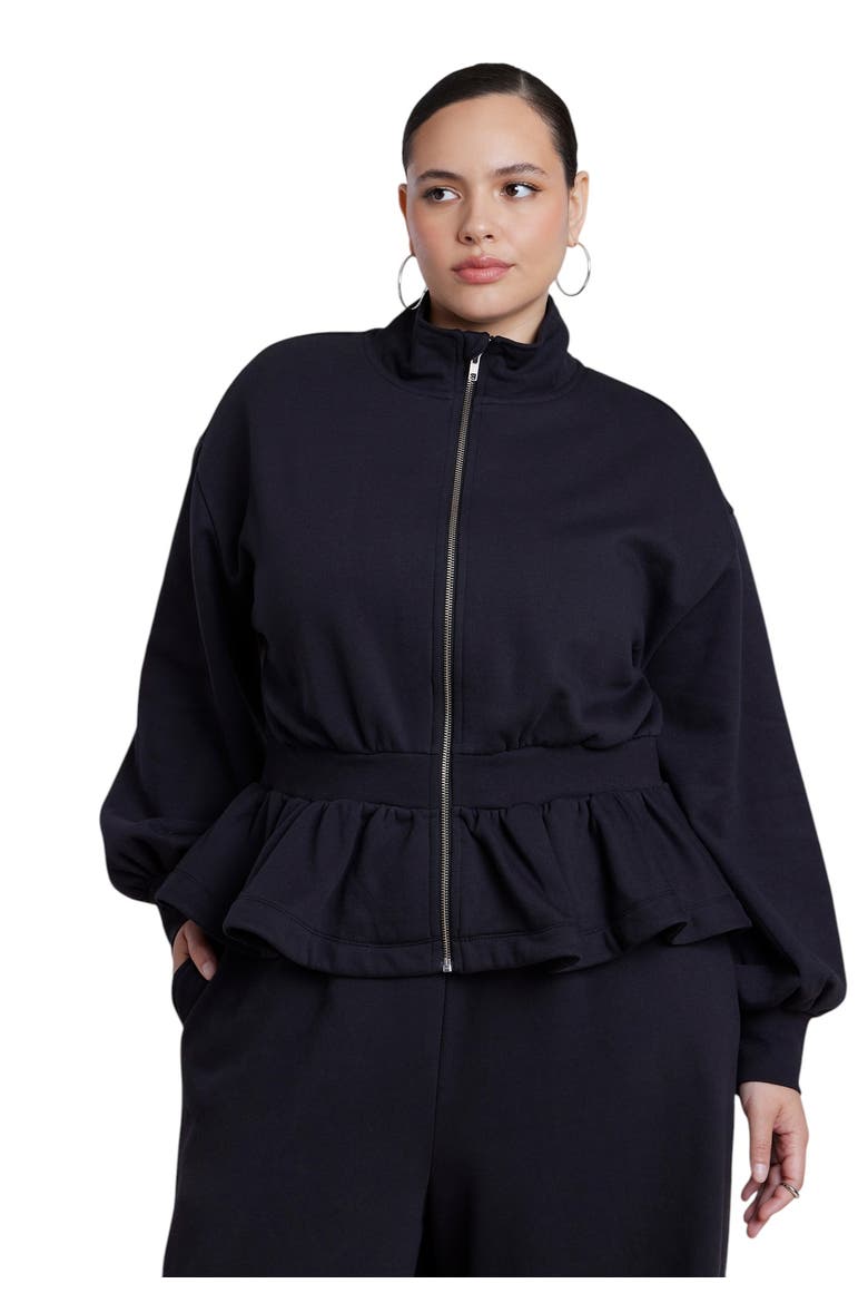 Cinched Zip Front Peplum Sweatshirt (plus), Alternate, color, BLACK ONYX