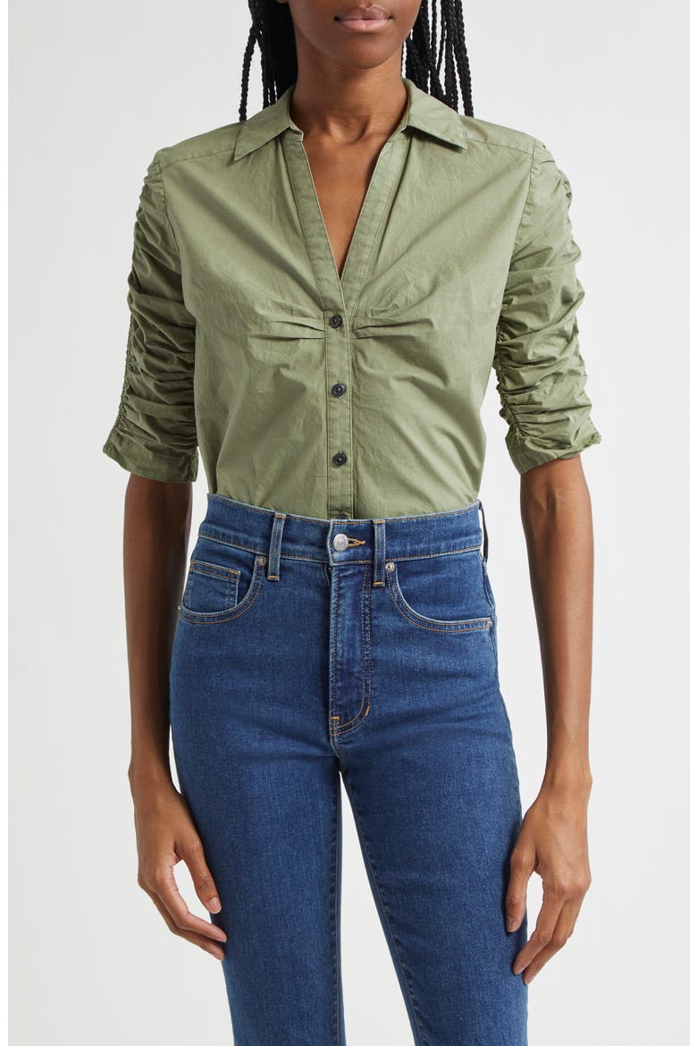 Porta Ruched Cotton Button-Up Shirt, Main, color, STONE ARMY