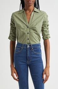 Veronica Beard Porta Ruched Cotton Button-Up Shirt