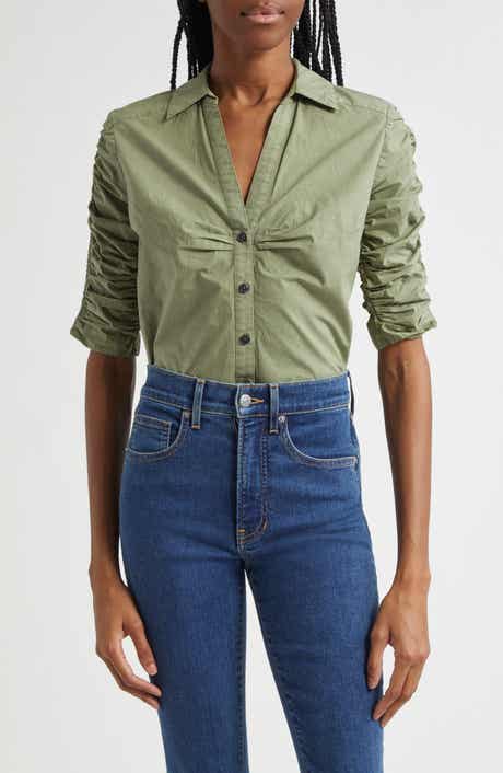 Veronica Beard Porta Ruched Cotton Button-Up Shirt