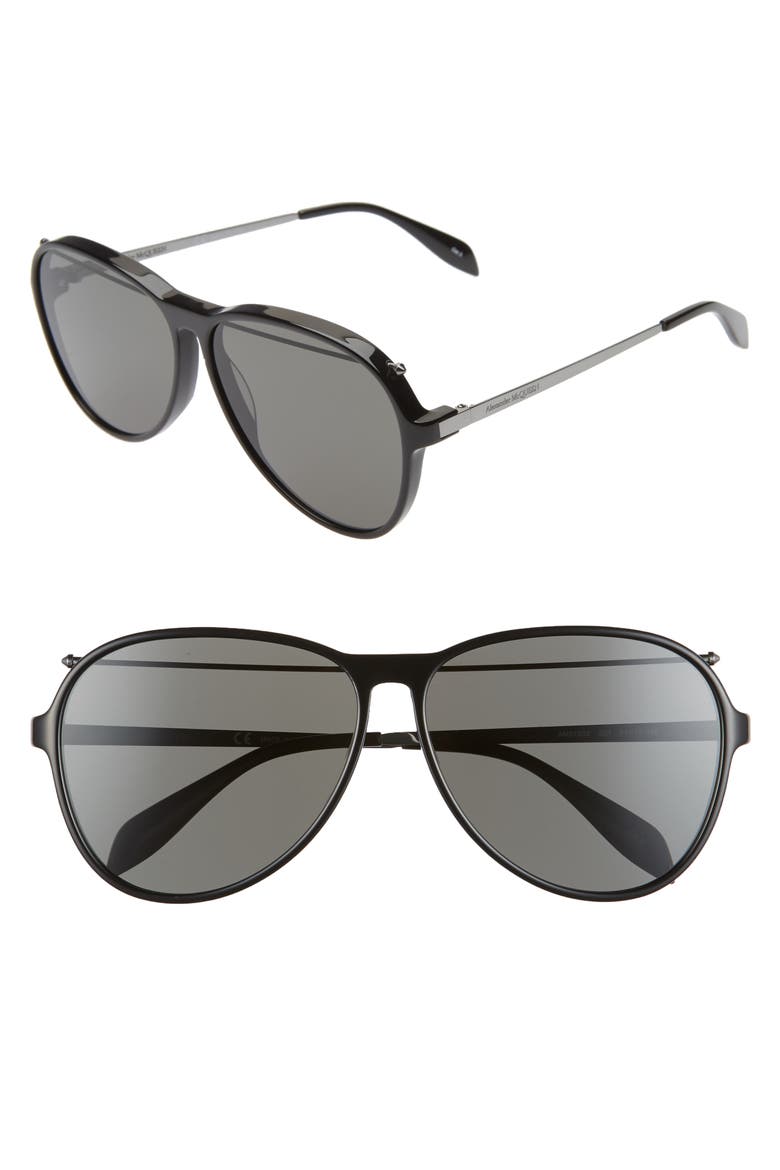 Alexander McQueen 61mm Gradient Aviator Sunglasses, Main, color, SHINY BLACK