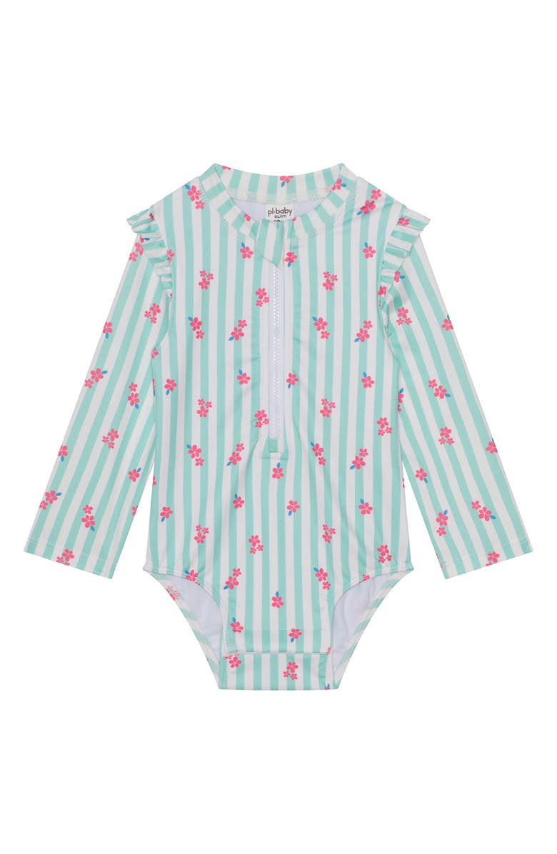 PL Baby by Petit Lem Floral Stripe One-Piece Rashguard Swimsuit & Hat Set, Alternate, color, Turquoise Stripe