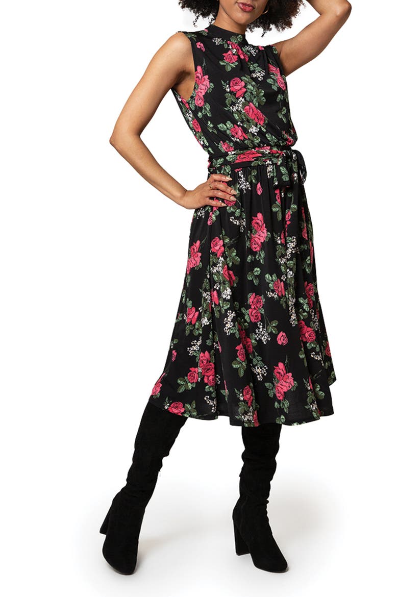 Mindy Print Midi Dress, Alternate, color, RRBK - RUBY ROSE BLACK