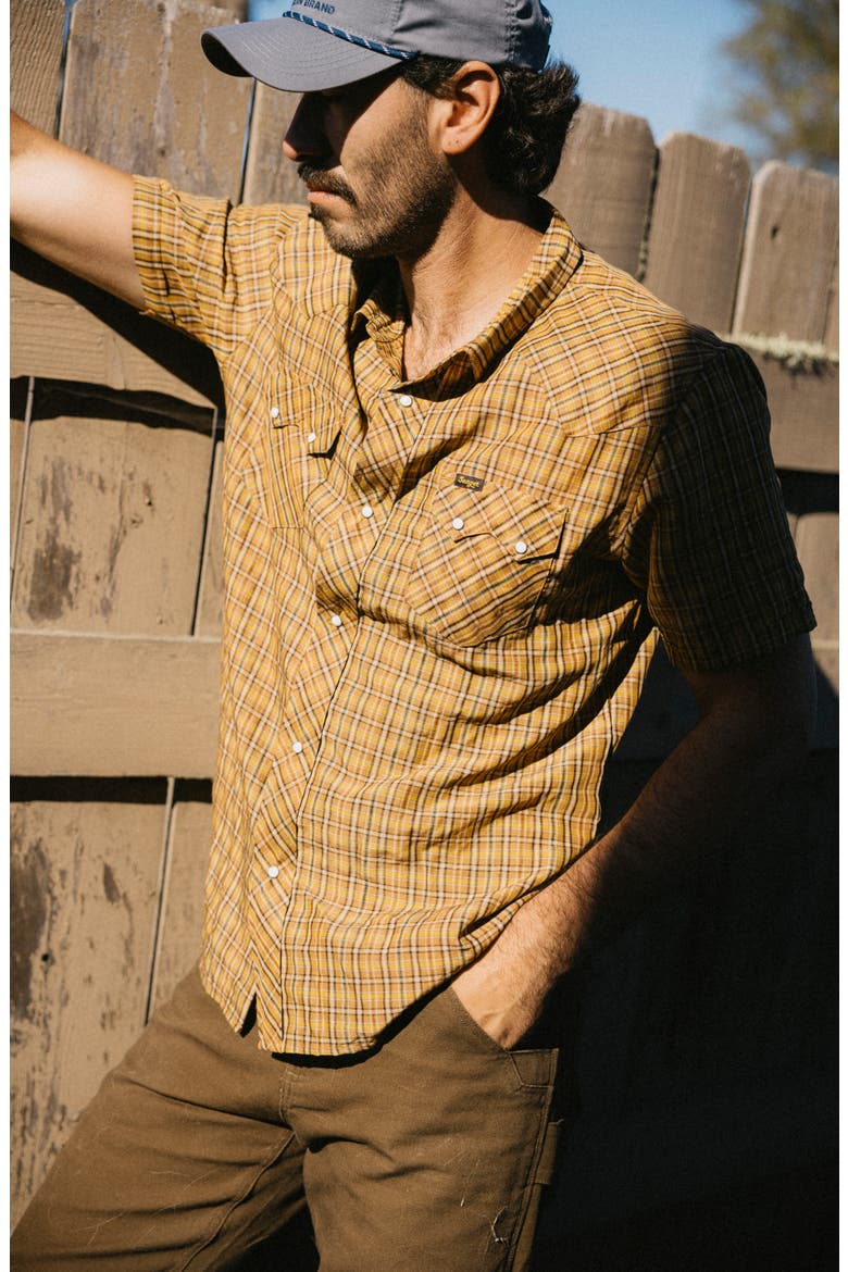Sawtoof Plaid Short Sleeve Snap-Up Western Shirt, Alternate, color, GOLD MINI CHECK PLAID