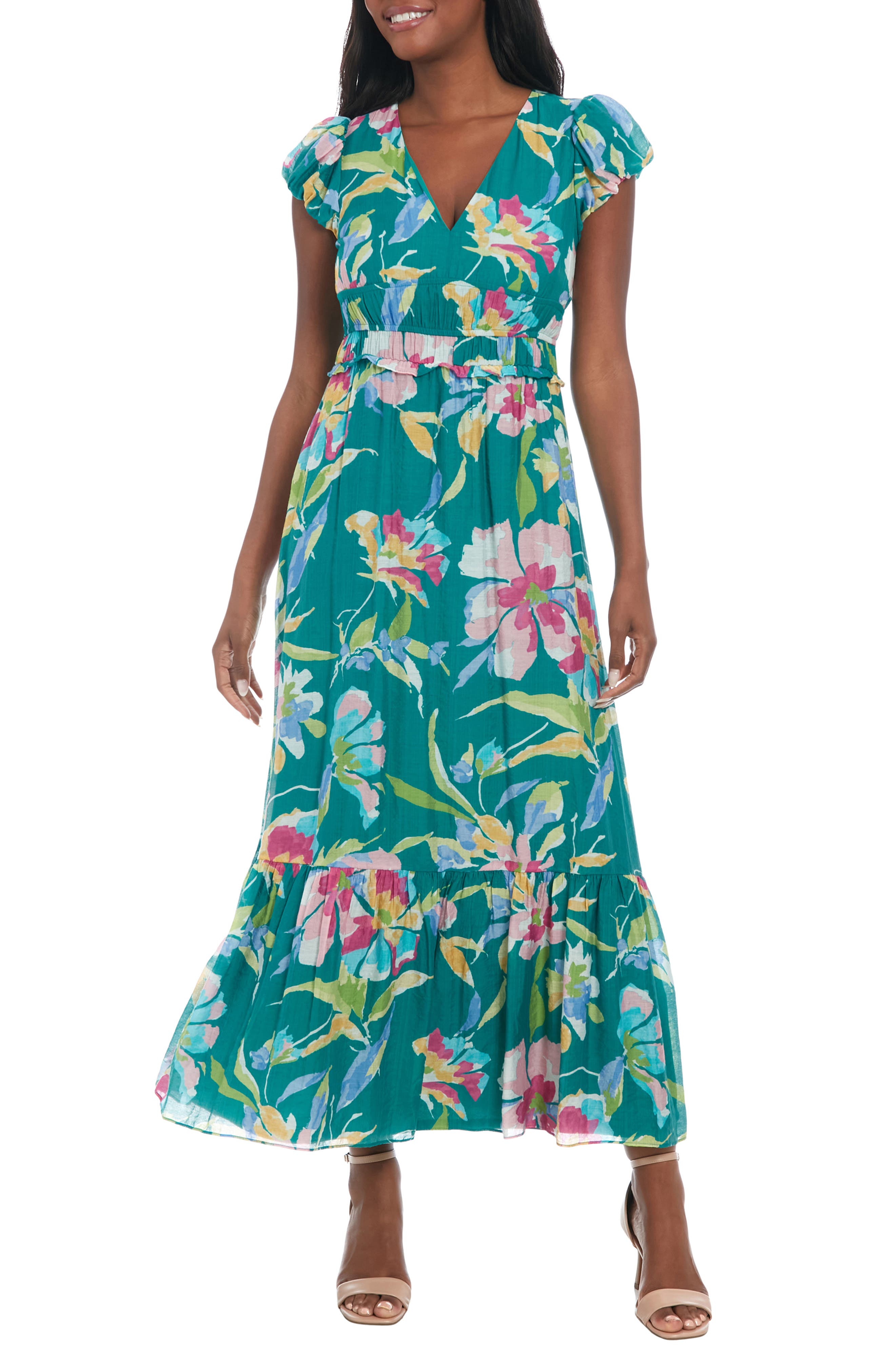 London Times Floral Cap Sleeve Tiered Maxi Dress