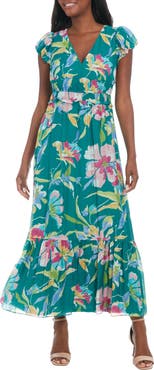 London Times Floral Cap Sleeve Tiered Maxi Dress
