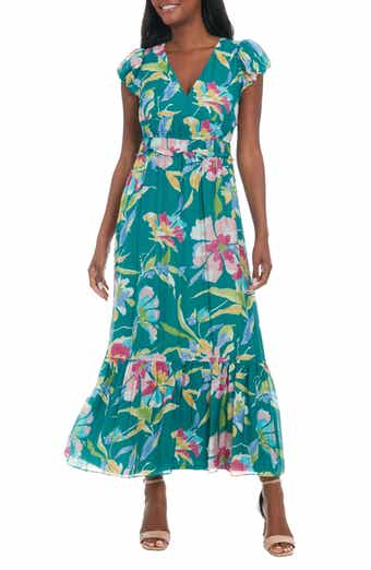 London Times Floral Cap Sleeve Tiered Maxi Dress