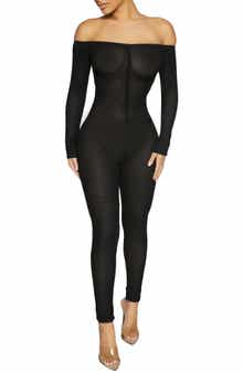 Naked Wardrobe Net Off the Shoulder Long Sleeve Mesh Jumpsuit