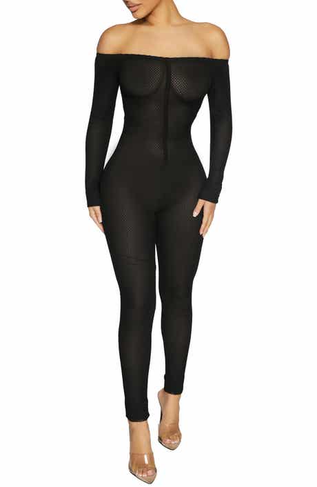 Naked Wardrobe Net Off the Shoulder Long Sleeve Mesh Jumpsuit