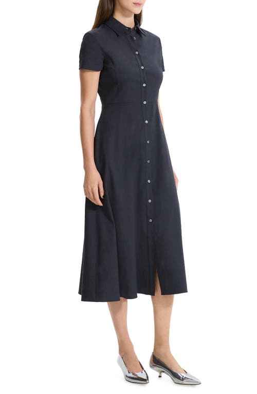 Theory Short Sleeve Linen Blend Midi Shirtdress In Black
