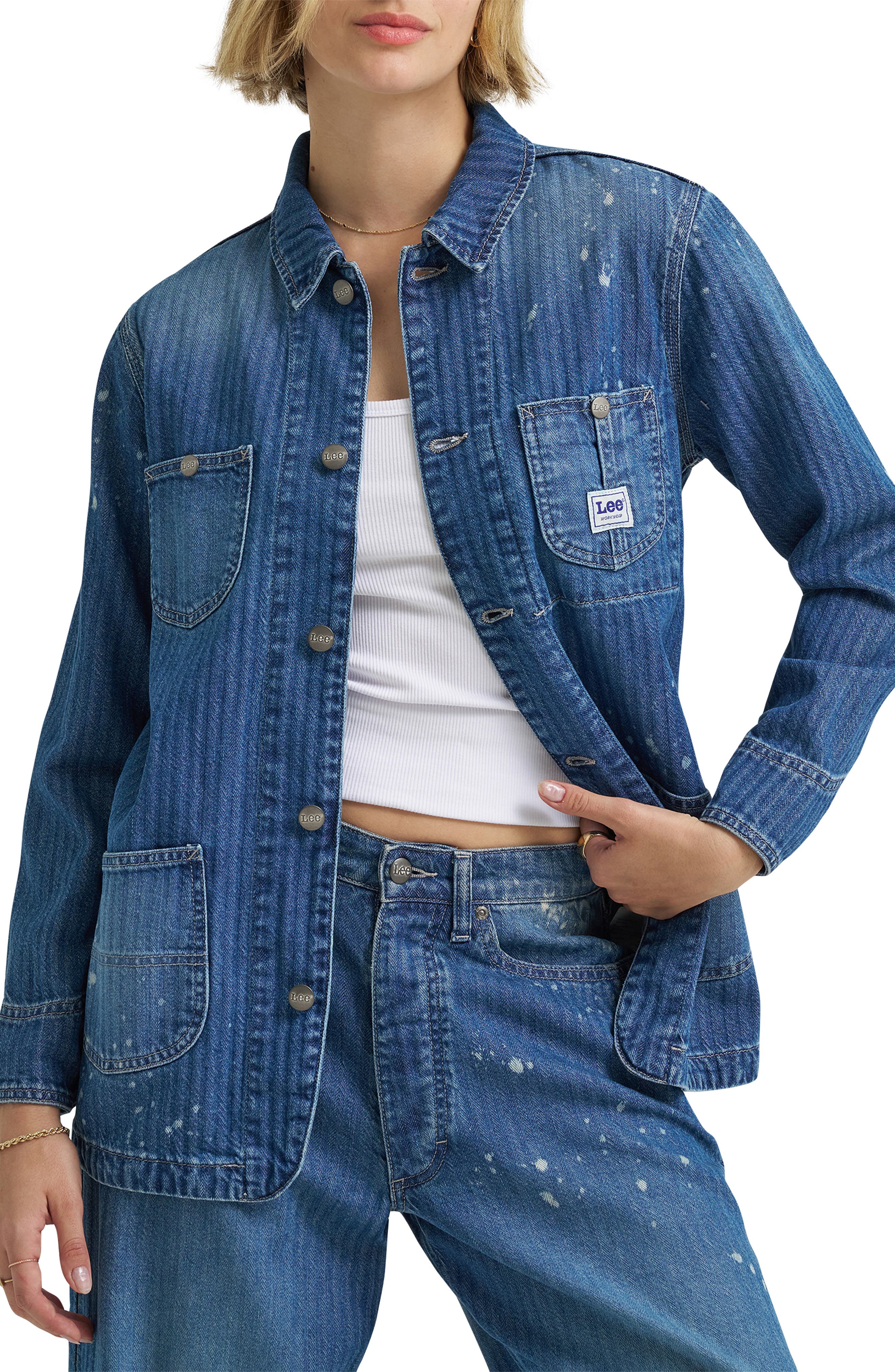 Bleach Splatter Herringbone Denim Chore Jacket