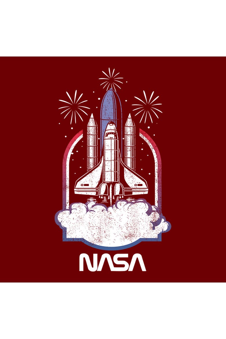 Junior's Distressed Space Shuttle Launch Long Sleeve Crewneck Sweatshirt, Alternate, color, Scarlet