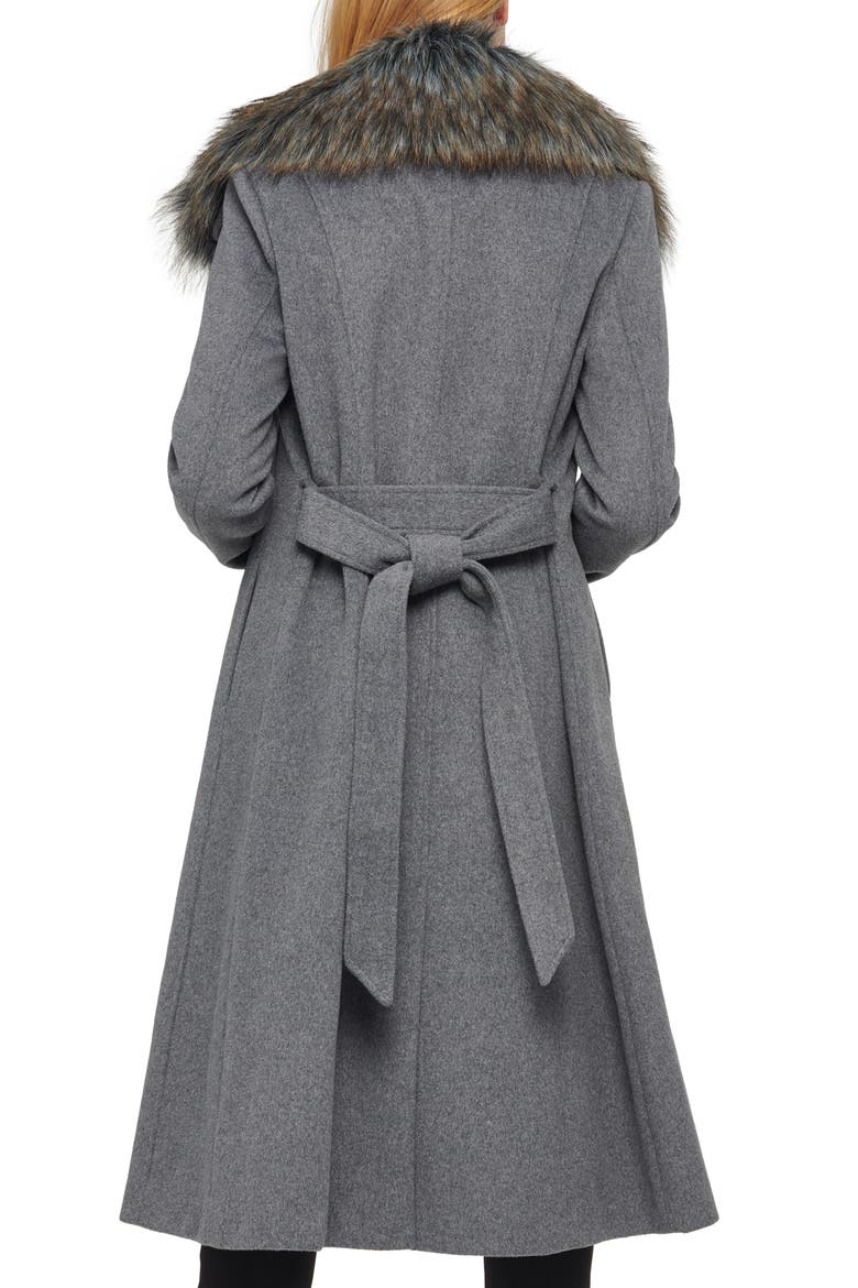 Belted Wool Blend Coat with Faux Fur Trim, Alternate, color, MED GREY