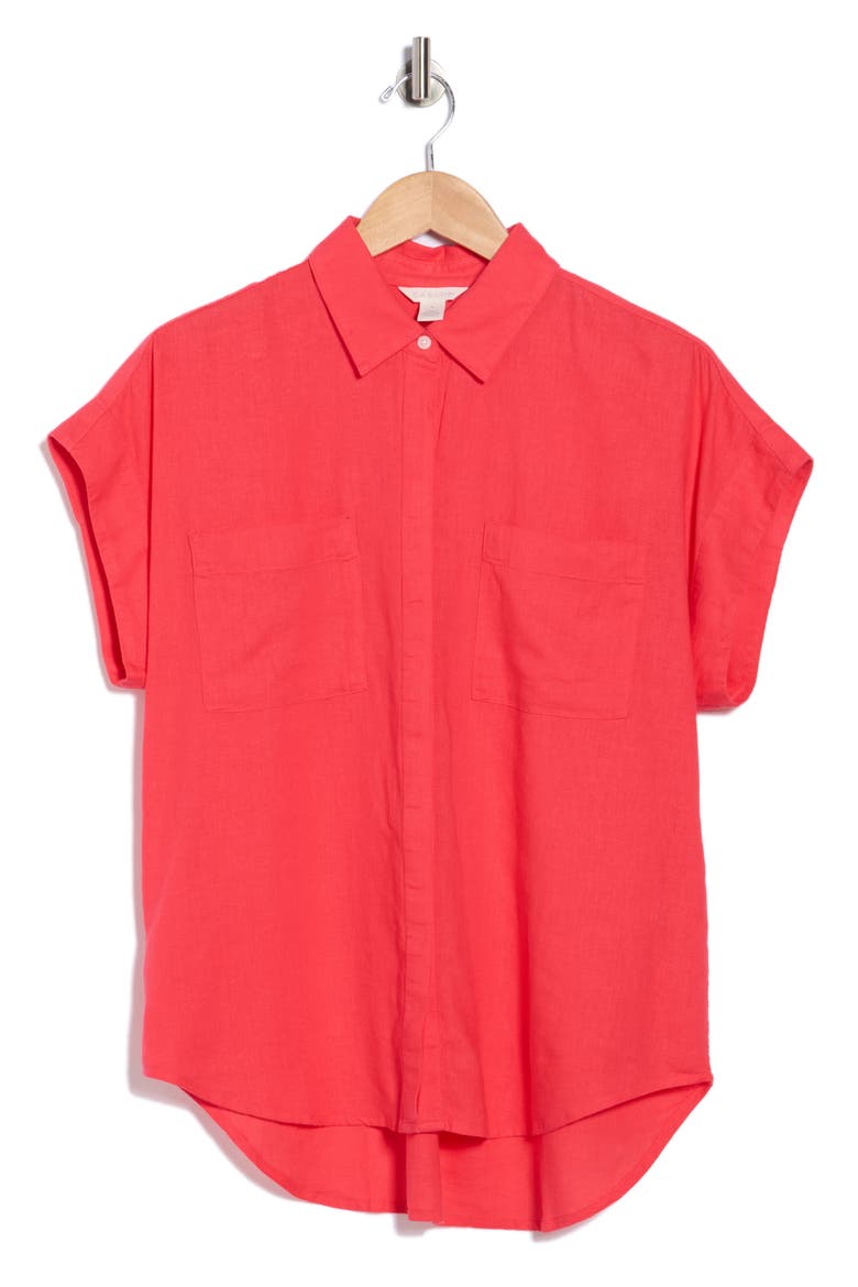Double Pocket Linen Blend Camp Shirt, Alternate, color, RED GERANIUM