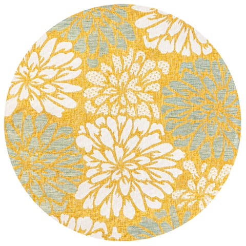 Zinnia Modern Floral Textured Weave Indoor/Outdoor Round Area Rug